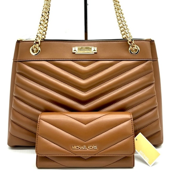 Michael Kors Whitney Medium Quilted Tote Bag & Large Trifold Wallet Luggage - Picture 1 of 13